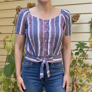 NWT Drew linen, maroon/blue/white striped blouse, short sleeves, waist ties, S